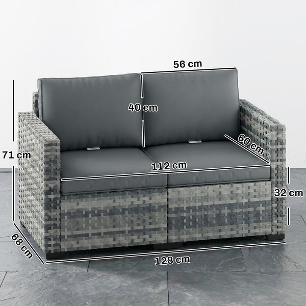 2 Seater Rattan Sofa, Outdoor Garden Sofa with Deep Seat, Cushions and Wide Armrests, All Weather Small Rattan Garden Furniture Loveseat for Patio, Balcony, Porch, Mixed Grey