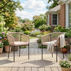 Garden Chairs Set of 2, Rattan Garden Dining Chairs with String Back and Armrests, Metal Frame Outdoor Chair Set with Cushion for Patio, Balcony, Terrace, Natural Wood Finish