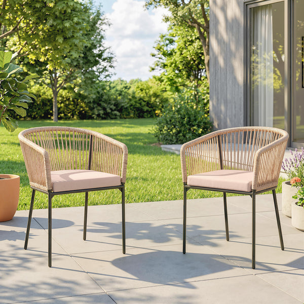 Garden Chairs Set of 2, Rattan Garden Dining Chairs with String Back and Armrests, Metal Frame Outdoor Chair Set with Cushion for Patio, Balcony, Terrace, Natural Wood Finish
