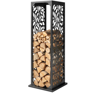 15 Inch Firewood Rack Outdoor Indoor with Cutout Design, Heavy Duty Galvanized Steel Firewood Holder, Log Holder with 4 Hooks, Adjustable Pads, Wood Storage for Fireplace, Firepit, Black