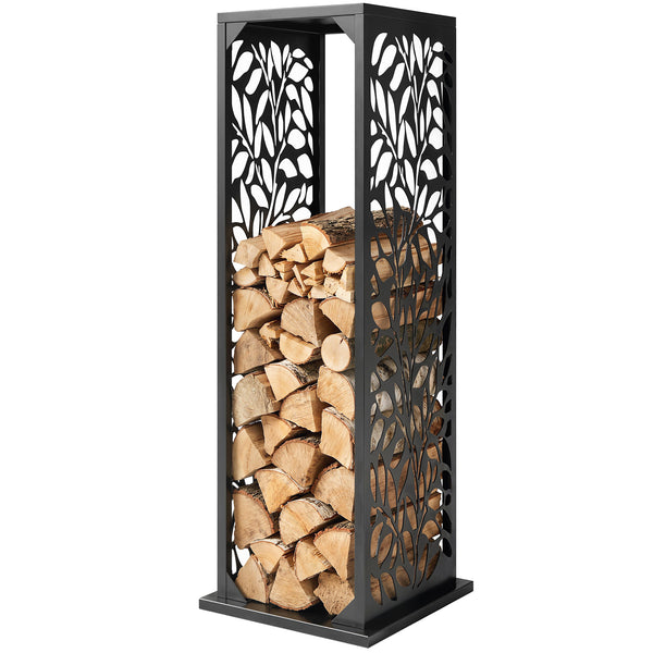 15 Inch Firewood Rack Outdoor Indoor with Cutout Design, Heavy Duty Galvanized Steel Firewood Holder, Log Holder with 4 Hooks, Adjustable Pads, Wood Storage for Fireplace, Firepit, Black