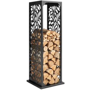 15 Inch Firewood Rack Outdoor Indoor with Cutout Design, Heavy Duty Galvanized Steel Firewood Holder, Log Holder with 4 Hooks, Adjustable Pads, Wood Storage for Fireplace, Firepit, Black