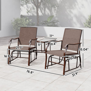 Outdoor Glider Chairs with Coffee Table, Patio 2-Seat Rocking Chair Swing Loveseat with Breathable Sling for Backyard, Garden, and Porch, Coffee Brown