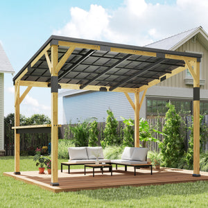 10' x 14' Wooden Gazebo, Hardtop Lean-to Gazebo Pergola with Galvanized Steel Sloped Roof, Bar Shelf, Large Heavy Duty Awning for Patio, Deck, Backyard, Natural Wood