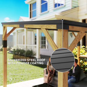 10' x 14' Wooden Gazebo, Hardtop Lean-to Gazebo Pergola with Galvanized Steel Sloped Roof, Bar Shelf, Large Heavy Duty Awning for Patio, Deck, Backyard, Natural Wood