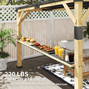 10' x 14' Wooden Gazebo, Hardtop Lean-to Gazebo Pergola with Galvanized Steel Sloped Roof, Bar Shelf, Large Heavy Duty Awning for Patio, Deck, Backyard, Natural Wood