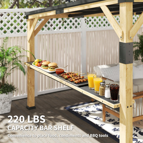 10' x 14' Wooden Gazebo, Hardtop Lean-to Gazebo Pergola with Galvanized Steel Sloped Roof, Bar Shelf, Large Heavy Duty Awning for Patio, Deck, Backyard, Natural Wood