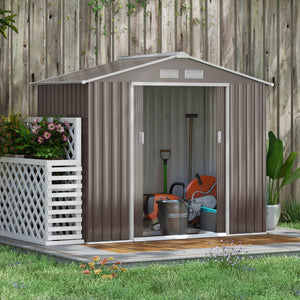 Outsunny 7' x 4' Outdoor Storage Shed, Garden Tool Metal Shed with Foundation Kit, Double Lockable Door, Air Vents and Sloping Roof, for Backyard, Patio, Lawn, Gray