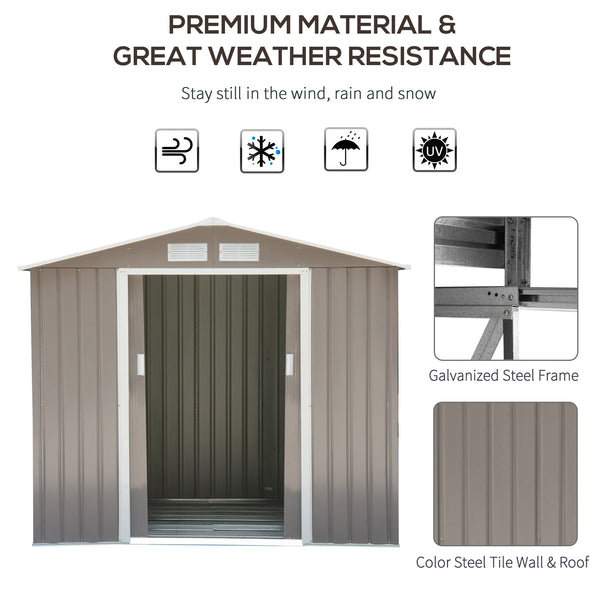 Outsunny 7' x 4' Outdoor Storage Shed, Garden Tool Metal Shed with Foundation Kit, Double Lockable Door, Air Vents and Sloping Roof, for Backyard, Patio, Lawn, Gray