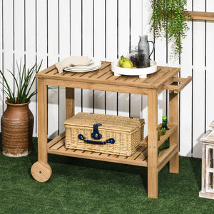 Outdoor Bar Cart, Wood Rolling Home Bar & Serving Cart with 2 Shelves, Wine Bottle Holders for Garden, Dining Room, Natural