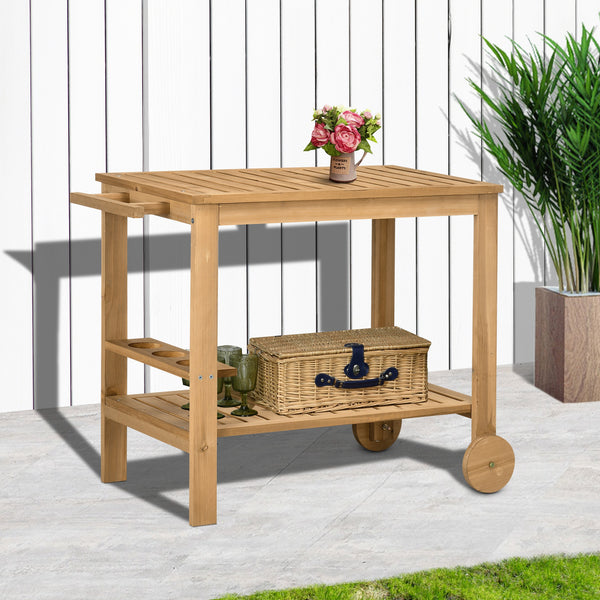 Outdoor Bar Cart, Wood Rolling Home Bar & Serving Cart with 2 Shelves, Wine Bottle Holders for Garden, Dining Room, Natural