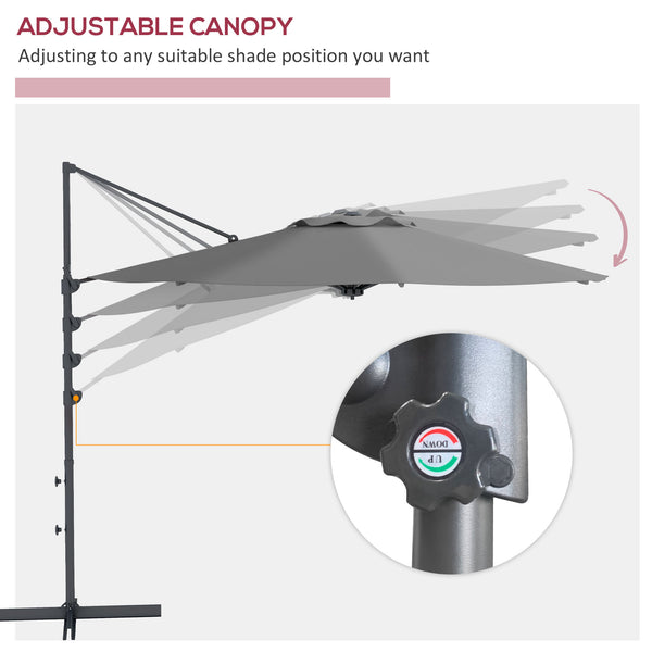 10 FT Cantilever Patio Umbrella, Round Hanging Offset Umbrella with 360°Rotation, Crank, Tilt, Cross Base, 8 Ribs, Air Vent, Outdoor Umbrella for Garden, Backyard, Grey