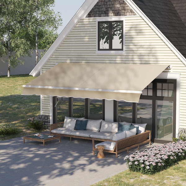 12' x 8' Retractable Awning Patio Awnings Sun Shade Shelter with Manual Crank Handle, 280g/m² UV & Water-Resistant Fabric and Aluminum Frame for Deck, Balcony, Yard, Cream White