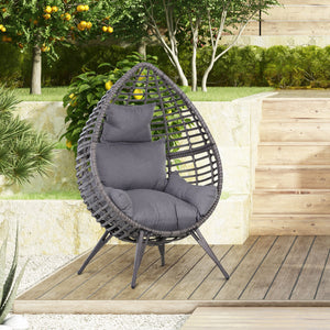 Standing Rattan Chair with Trapezoidal Cushion, 352lbs Capacity Egg Chair, Outdoor/Indoor Wicker Lounge Chair for Backyard Garden Balcony Lawn Living Room, Grey