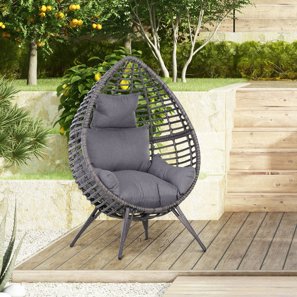 Standing Rattan Chair with Trapezoidal Cushion, 352lbs Capacity Egg Chair, Outdoor/Indoor Wicker Lounge Chair for Backyard Garden Balcony Lawn Living Room, Grey