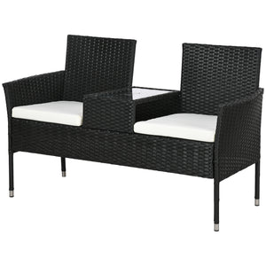 2-Seat Patio Furniture with Tea Table, Outdoor PE Rattan Wicker Loveseat with Padded Cushions and Tempered Glass Top for Garden, Porch, Poolside, Cream White