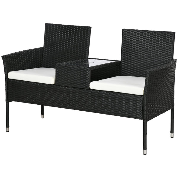 2-Seat Patio Furniture with Tea Table, Outdoor PE Rattan Wicker Loveseat with Padded Cushions and Tempered Glass Top for Garden, Porch, Poolside, Cream White