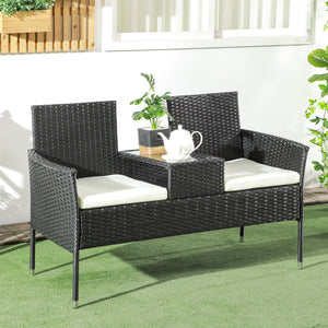2-Seat Patio Furniture with Tea Table, Outdoor PE Rattan Wicker Loveseat with Padded Cushions and Tempered Glass Top for Garden, Porch, Poolside, Cream White