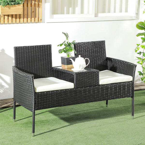 2-Seat Patio Furniture with Tea Table, Outdoor PE Rattan Wicker Loveseat with Padded Cushions and Tempered Glass Top for Garden, Porch, Poolside, Cream White