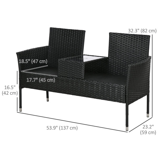 2-Seat Patio Furniture with Tea Table, Outdoor PE Rattan Wicker Loveseat with Padded Cushions and Tempered Glass Top for Garden, Porch, Poolside, Cream White