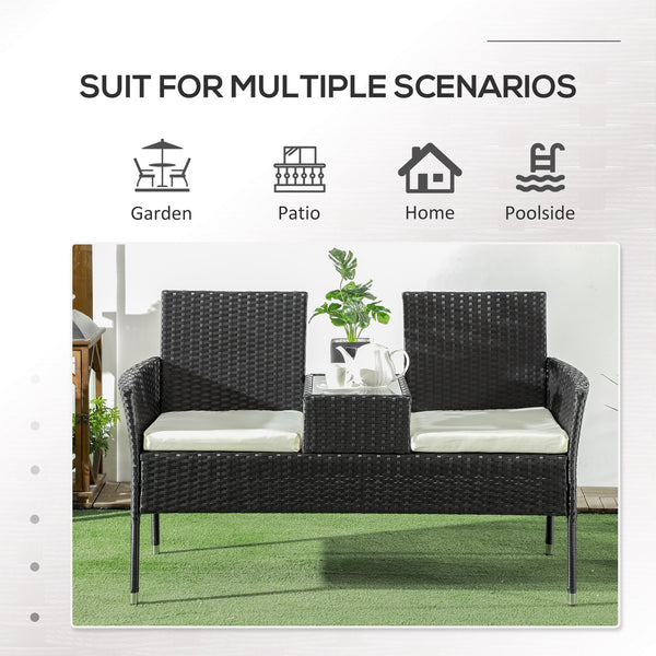 2-Seat Patio Furniture with Tea Table, Outdoor PE Rattan Wicker Loveseat with Padded Cushions and Tempered Glass Top for Garden, Porch, Poolside, Cream White