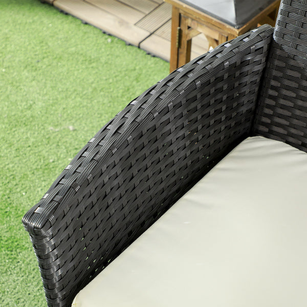 2-Seat Patio Furniture with Tea Table, Outdoor PE Rattan Wicker Loveseat with Padded Cushions and Tempered Glass Top for Garden, Porch, Poolside, Cream White
