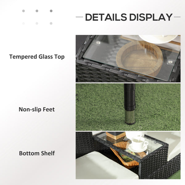 2-Seat Patio Furniture with Tea Table, Outdoor PE Rattan Wicker Loveseat with Padded Cushions and Tempered Glass Top for Garden, Porch, Poolside, Cream White