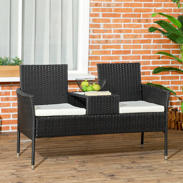 2-Seat Patio Furniture with Tea Table, Outdoor PE Rattan Wicker Loveseat with Padded Cushions and Tempered Glass Top for Garden, Porch, Poolside, Cream White
