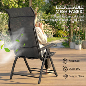 Folding Patio Chairs Set of 2, Reclining Outdoor Chair with 33.5" High Back, Retractable Footrest, 5-Position Outdoor Recliner Lounge Chairs for Lawn Yard Beach, Dark Grey