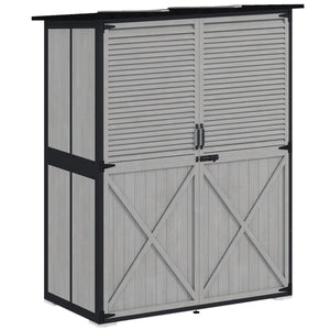 Outdoor Storage Cabinet, Wood Garden Tool Shed with Lock, Steel Frame and Asphalt Roof, Garden Storage Shed with Adjustable Shelves and Feet for Patio Backyard Lawn, Gray