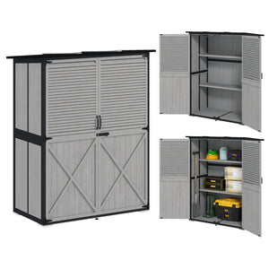 Outdoor Storage Cabinet, Wood Garden Tool Shed with Lock, Steel Frame and Asphalt Roof, Garden Storage Shed with Adjustable Shelves and Feet for Patio Backyard Lawn, Gray