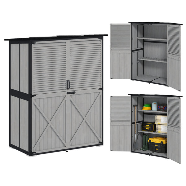 Outdoor Storage Cabinet, Wood Garden Tool Shed with Lock, Steel Frame and Asphalt Roof, Garden Storage Shed with Adjustable Shelves and Feet for Patio Backyard Lawn, Gray
