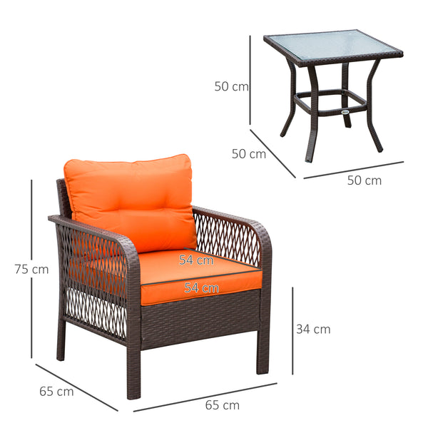 3 Pieces Rattan Bistro Set, Wicker Garden Furniture Set with Glass Top Coffee Table and Chairs, Thickened Cushions for Outdoor, Patio, Balcony, Orange