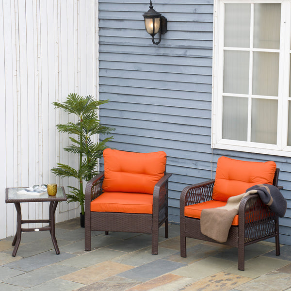 3 Pieces Rattan Bistro Set, Wicker Garden Furniture Set with Glass Top Coffee Table and Chairs, Thickened Cushions for Outdoor, Patio, Balcony, Orange
