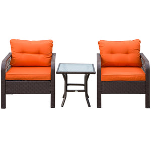 3 Pieces Rattan Bistro Set, Wicker Garden Furniture Set with Glass Top Coffee Table and Chairs, Thickened Cushions for Outdoor, Patio, Balcony, Orange