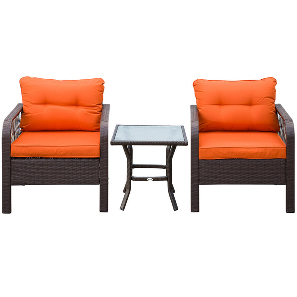 3 Pieces Rattan Bistro Set, Wicker Garden Furniture Set with Glass Top Coffee Table and Chairs, Thickened Cushions for Outdoor, Patio, Balcony, Orange