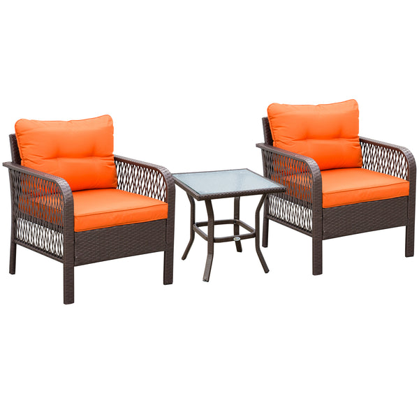 3 Pieces Rattan Bistro Set, Wicker Garden Furniture Set with Glass Top Coffee Table and Chairs, Thickened Cushions for Outdoor, Patio, Balcony, Orange