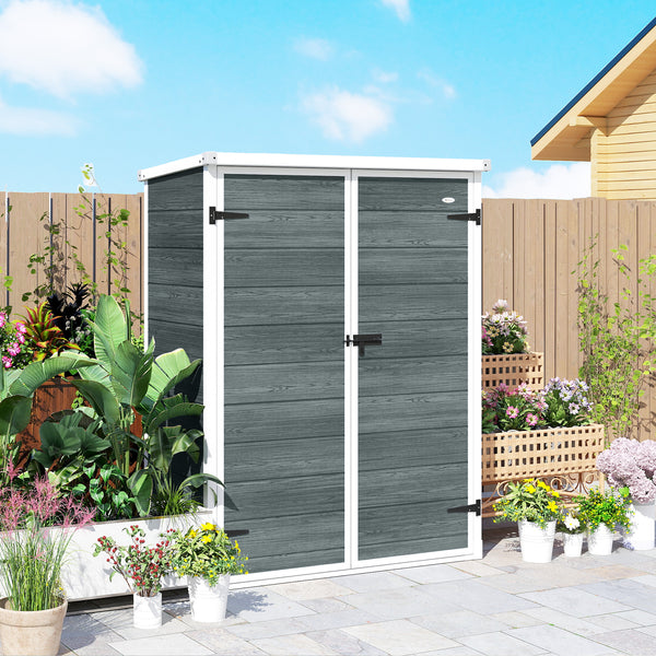 4.4' x 2.3' Plastic Garden Shed, Wood-Effect Outdoor Storage Shed with Floor, 2 Foldable Shelves and Lockable Double Doors for Backyard, Patio, Distressed Grey
