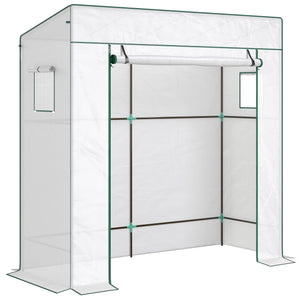 Lean-to Tomato Greenhouse with PE Cover, Walk-in Green House with Roll-up Door and 2 Mesh Windows, Portable Plant Grow House for Indoor Outdoor, 77.2"x30.3"x77.6", White