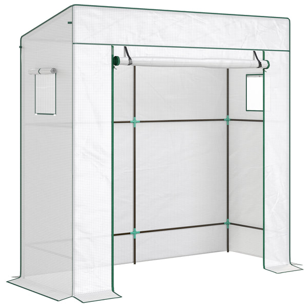 Lean-to Tomato Greenhouse with PE Cover, Walk-in Green House with Roll-up Door and 2 Mesh Windows, Portable Plant Grow House for Indoor Outdoor, 77.2"x30.3"x77.6", White