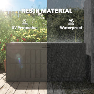 440L Garden Storage Box, Waterproof Resin Deck Box with Lockable Lid, Pneumatic Gas Rods, Side Handles, UV Resistant Wood Texture Outdoor Patio Storage Container for Garden Tools