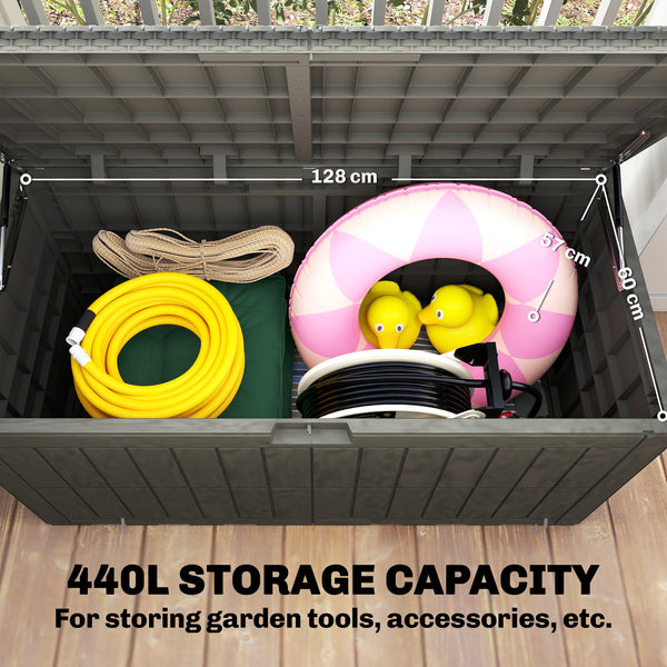 440L Garden Storage Box, Waterproof Resin Deck Box with Lockable Lid, Pneumatic Gas Rods, Side Handles, UV Resistant Wood Texture Outdoor Patio Storage Container for Garden Tools