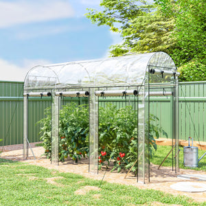 Walk-in Tunnel Greenhouse, 10' x 3' x 6.5' Hoop House Greenhouse with 8 Roll-Up Doors, Plant Hot House with Galvanized Steel Frame for Garden Patio Lawn, Clear