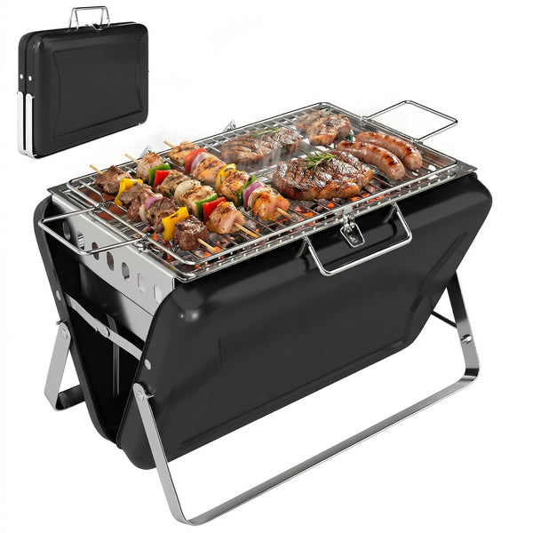 Portable BBQ Grill, Folding Charcoal Barbecue Grill with Handle and Foldable Legs for Camping Garden Outdoor Cooking, Black