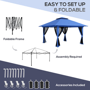 Outsunny 13' x 13' Pop Up Gazebo with Netting, UPF 50+ Instant Canopy Tent Shelter with Water/Sand Bags, Wheeled Carry Bag, for Outdoor, Garden, Parties, Blue