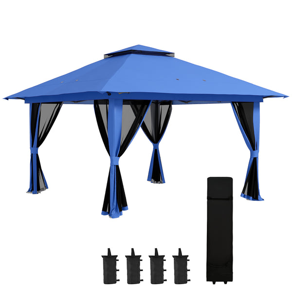 Outsunny 13' x 13' Pop Up Gazebo with Netting, UPF 50+ Instant Canopy Tent Shelter with Water/Sand Bags, Wheeled Carry Bag, for Outdoor, Garden, Parties, Blue