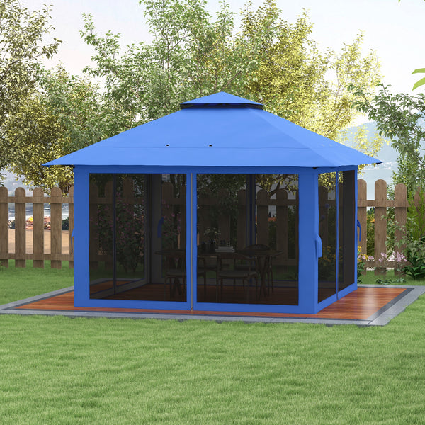 Outsunny 13' x 13' Pop Up Gazebo with Netting, UPF 50+ Instant Canopy Tent Shelter with Water/Sand Bags, Wheeled Carry Bag, for Outdoor, Garden, Parties, Blue