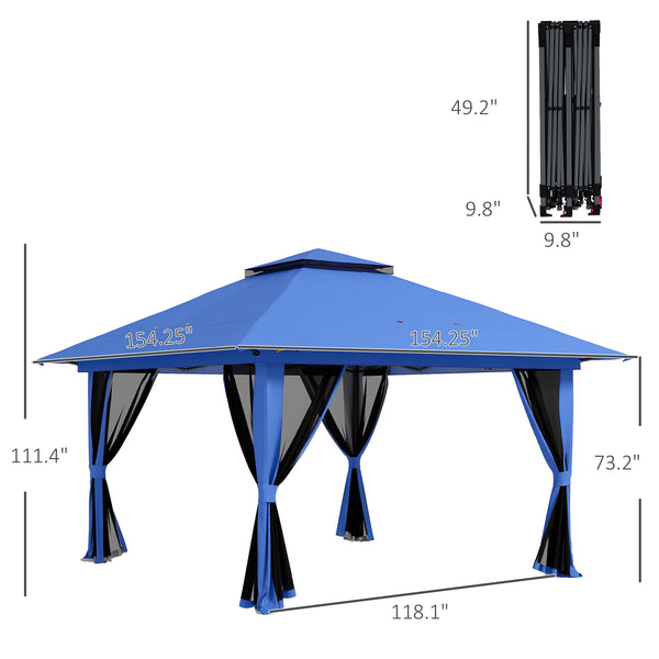 Outsunny 13' x 13' Pop Up Gazebo with Netting, UPF 50+ Instant Canopy Tent Shelter with Water/Sand Bags, Wheeled Carry Bag, for Outdoor, Garden, Parties, Blue