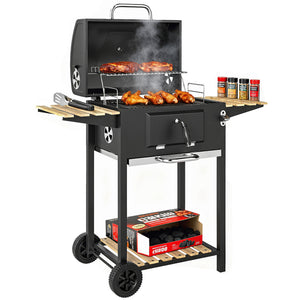 Charcoal BBQ Grill with Height Adjustable Charcoal Pan, Barbecue Smoker with Warming Rack, 3 Shelves, Temperature Gauge, Wheels, Bottle Opener for Outdoor Cooking Garden Party
