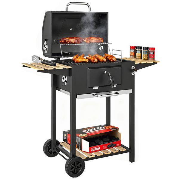 Charcoal BBQ Grill with Height Adjustable Charcoal Pan, Barbecue Smoker with Warming Rack, 3 Shelves, Temperature Gauge, Wheels, Bottle Opener for Outdoor Cooking Garden Party